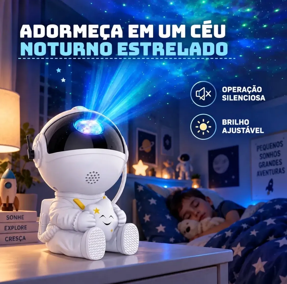 Mini Projetor Astronauta Galáxia Luz Noturna Estrela LED Decoração Quarto Infantil USB Rotação 360°