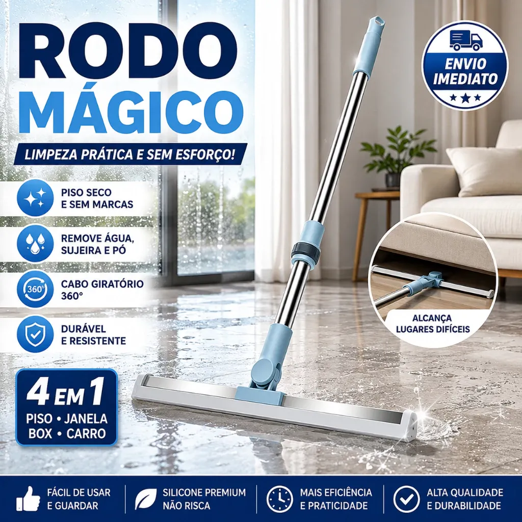 Rodo de Silicone Para Limpeza de Piso Vidros Com Gancho Secos e Molhados Uso Duplo Vassoura Mágica